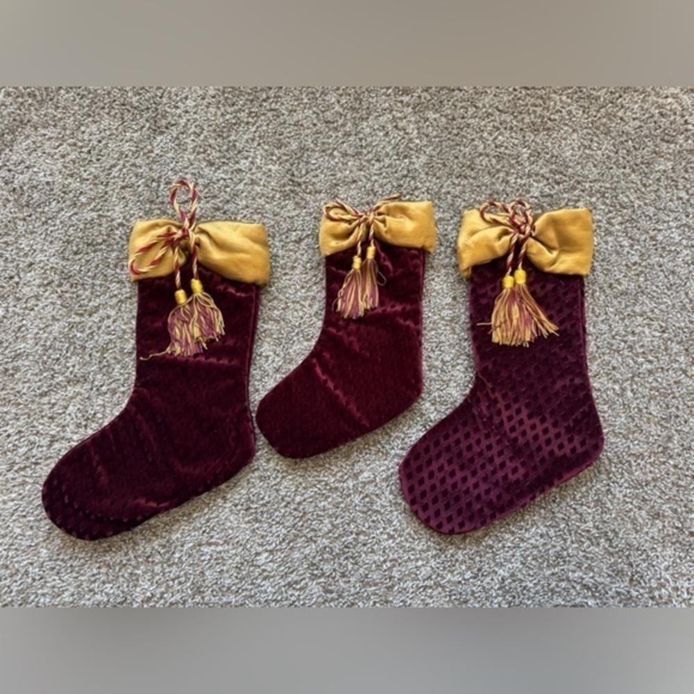3 Russ Velvet Christmas Stocking Set Luxe Tassels Cording Gold and Burgundy